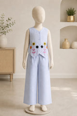 Light Blue Floral Embroidered Girls Co-Ord Set