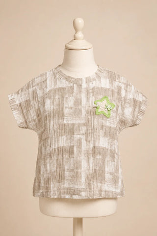 Beige Checked Star Patch Top for Girls