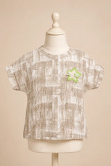 Beige Checked Star Patch Top for Girls