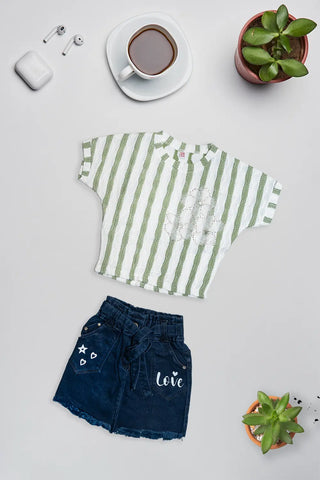 Olive Stripe Denim Skirt Set