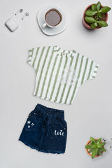 Olive Stripe Denim Skirt Set