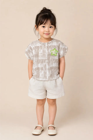 Beige Checked Star Patch Top for Girls