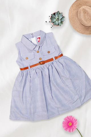 Blue Pinstripe Belted Shirt Dress