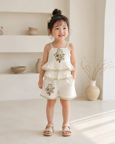 Cream Floral Ruffle Top & Shorts Girls Co-Ord Set
