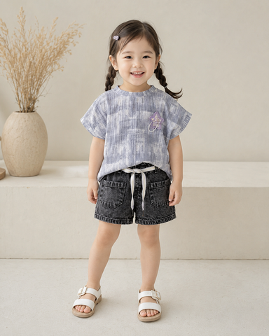 Blue Star Top & Black Denim Shorts Girls Co-Ord Set