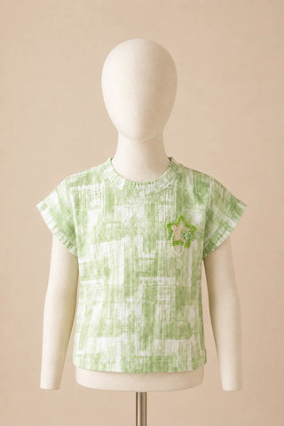 Green Checked Star Patch Top for Girls