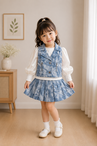 Sky Blue Denim Pleated Skirt Set
