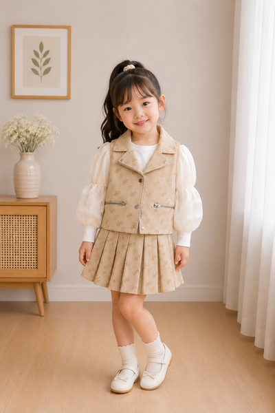 Beige Monogram Pleated Skirt Set