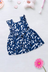 Navy Floral Ruffle Sleeve Dress