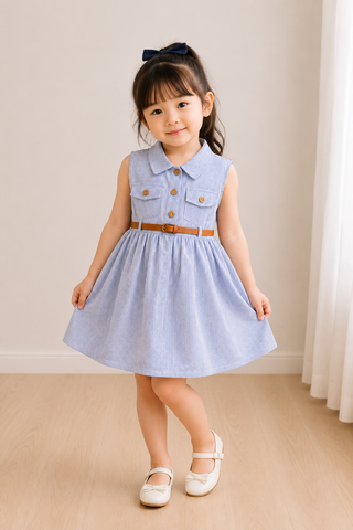 Blue Pinstripe Belted Shirt Dress