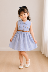 Blue Pinstripe Belted Shirt Dress