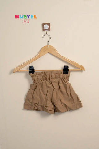 Brown Pleated Pocket Shorts For Girls