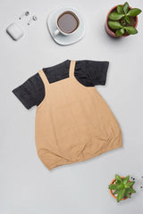 Beige Pinafore Bubble Dress Set