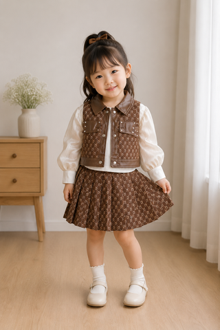 Brown Monogram Vest & Pleated Skirt Set