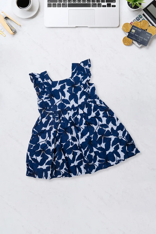 Navy Floral Ruffle Sleeve Dress