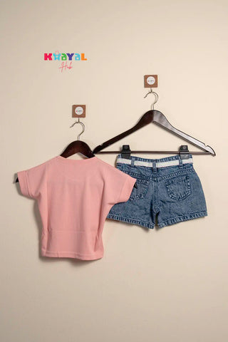 Pink Floral Top & Denim Shorts Girls Co-Ord Set