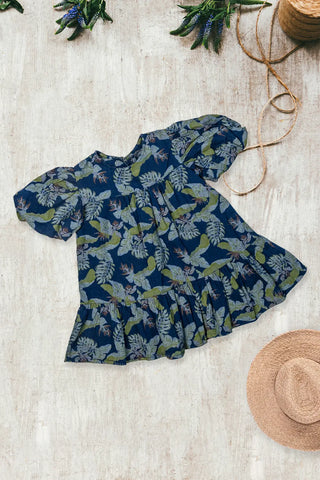 Navy Tropical Puff Sleeve Dress