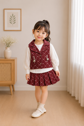 Wine Monogram Pleated Skirt Set