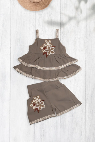 Taupe Blossom Frill Shorts Set