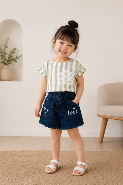 Olive Stripe Denim Skirt Set