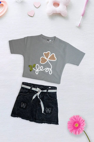 Silver Leaf Denim Skirt Set