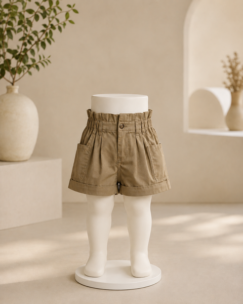 Brown Pleated Pocket Shorts For Girls