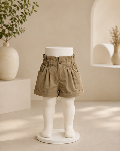 Brown Pleated Pocket Shorts For Girls