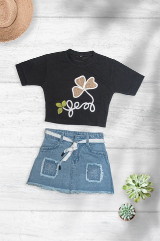 Midnight Bloom Denim Skirt Set