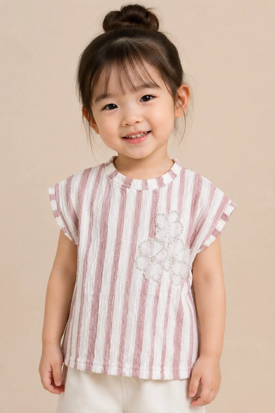 Girls Pink Striped Floral Top