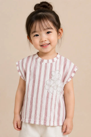 Girls Pink Striped Floral Top