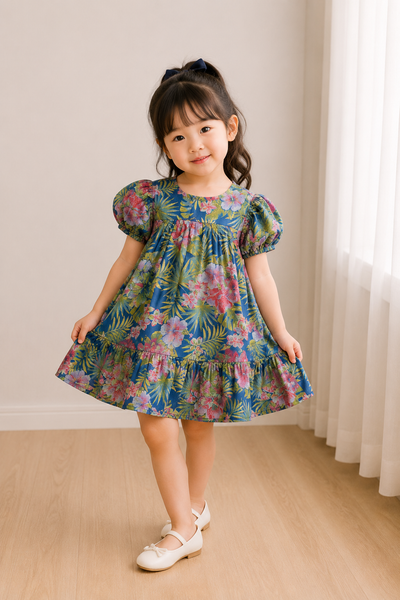 Tropical Floral Puff Sleeve Dress