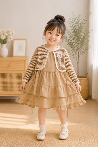 Beige Layered Frill Dress with Knit Shrug