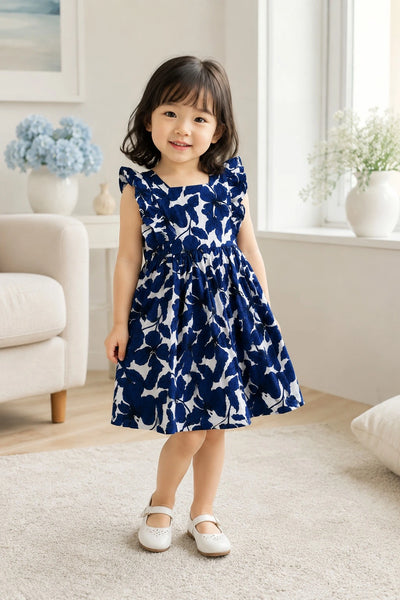Navy Floral Ruffle Sleeve Dress