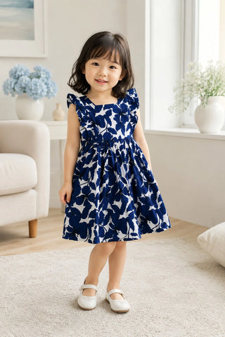 Navy Floral Ruffle Sleeve Dress