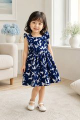Navy Floral Ruffle Sleeve Dress