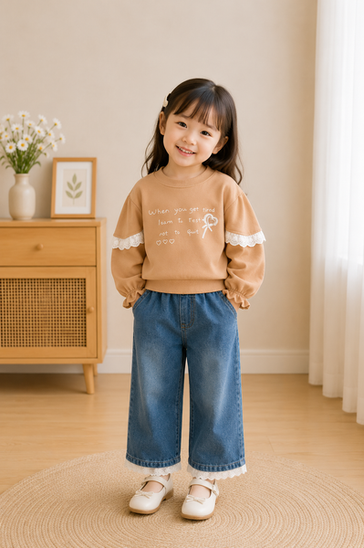Beige Lace Sleeve Denim Co-ord Set