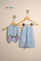 Light Blue Floral Embroidered Girls Co-Ord Set