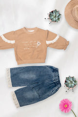 Beige Lace Sleeve Denim Co-ord Set