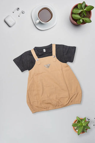 Beige Pinafore Bubble Dress Set