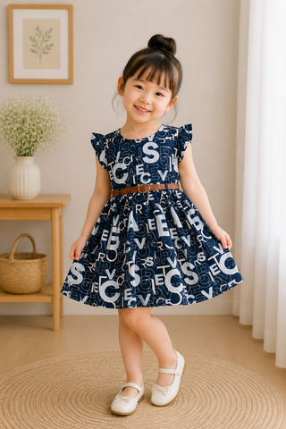 Navy Typography Belted Dress