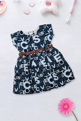 Navy Typography Belted Dress