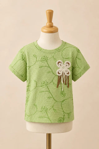 Green Textured Flower Patch Top for Girls