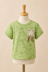 Green Textured Flower Patch Top for Girls