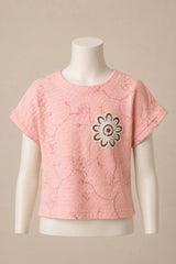Peach Textured Flower Patch Top for Girls