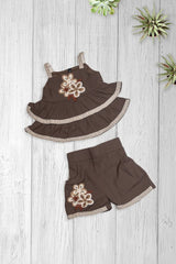 Mocha Floral Frill Shorts Set