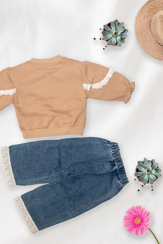 Beige Lace Sleeve Denim Co-ord Set