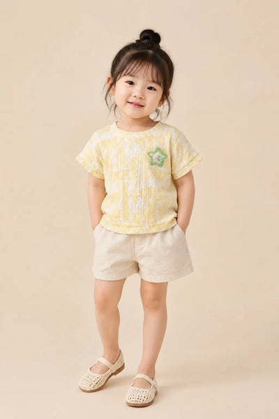 Yellow Checked Star Patch Top for Girls