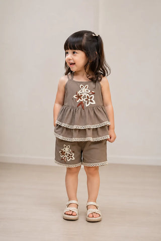Taupe Blossom Frill Shorts Set