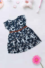 Navy Typography Belted Dress
