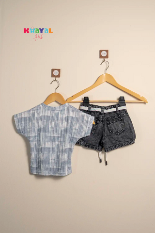 Blue Star Top & Black Denim Shorts Girls Co-Ord Set